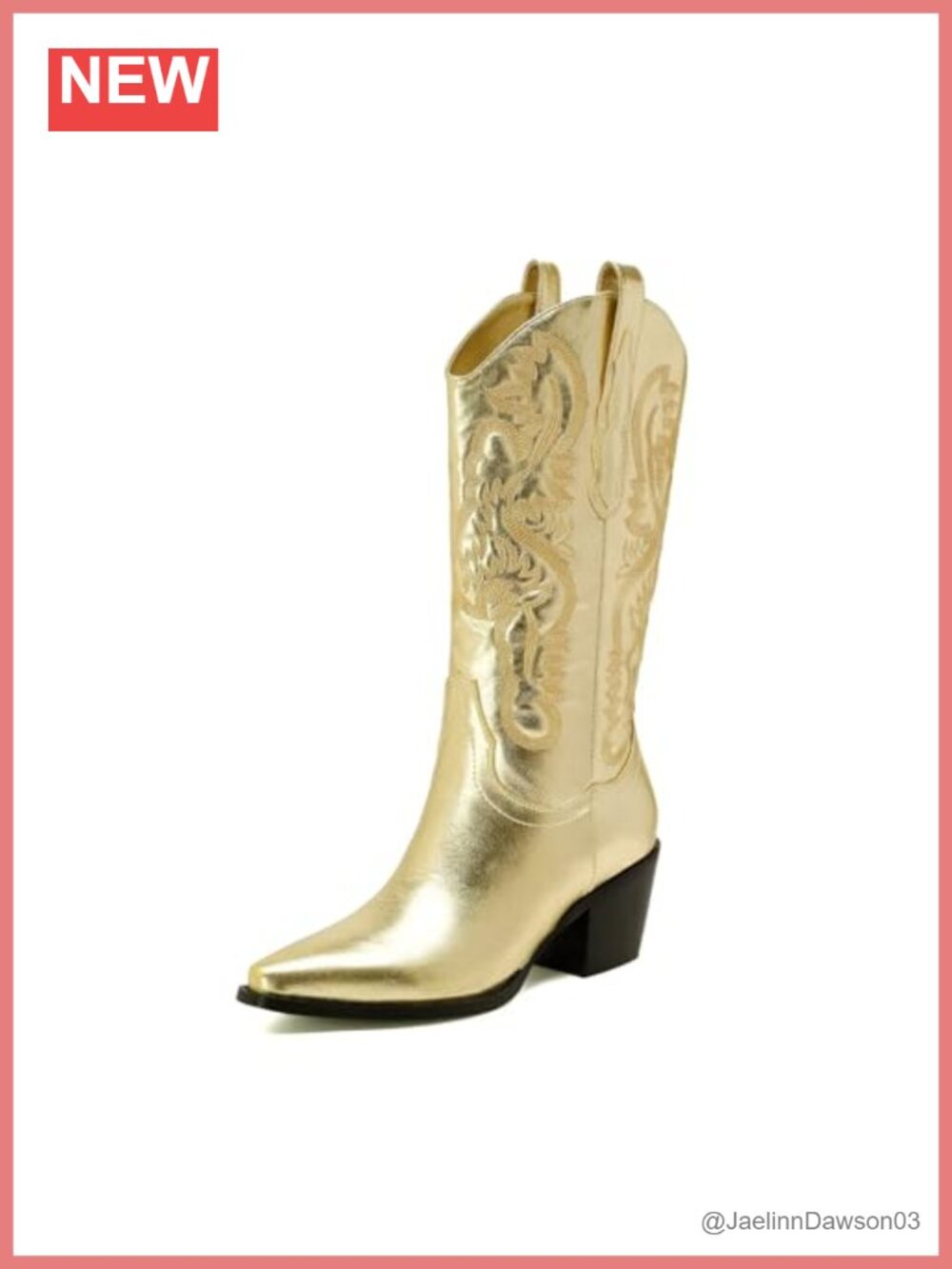 Women's Embroidered Mid-Calf Cowboy Boots Metallic PU Pull-On Pointed Toe 2.5"